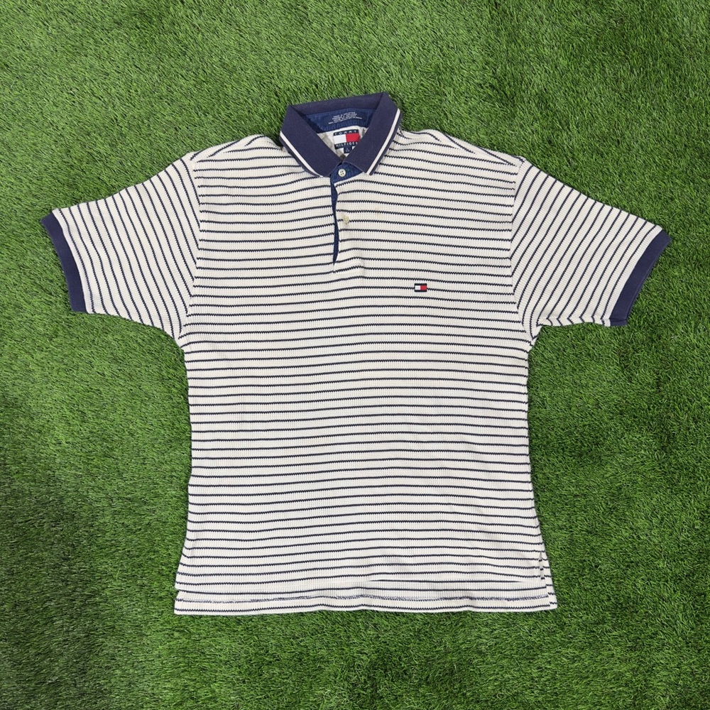 Vtg Tommy Hilfiger Mens Striped Polo Shirt Size Large Black/White